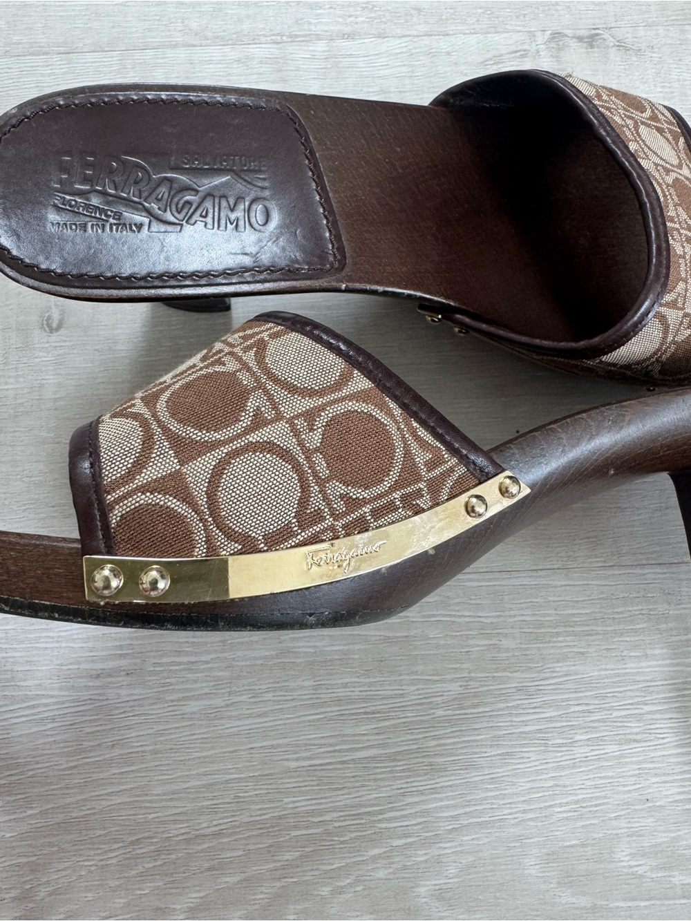 Salvatore Ferragamo Brown Monogram Mid-Heel Slide Mules - Picture 2 of 5